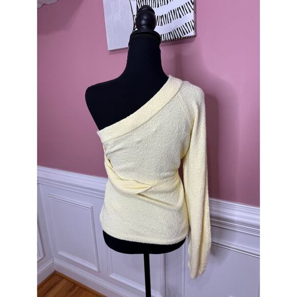 Nanushka Cleto One-Shoulder Terry Sweater in Yellow Small Knit Waist Tie Lace - Picture 2 of 5
